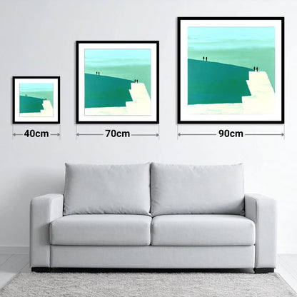Teal Striding Edge Fell Walkers - size guide showing 40cm, 70cm and 90cm art prints