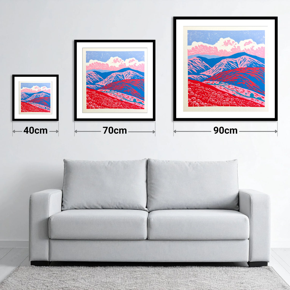 Red and Blue Rolling Fells - size guide showing 40cm, 70cm and 90cm art prints
