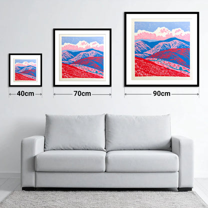 Red and Blue Rolling Fells - size guide showing 40cm, 70cm and 90cm art prints