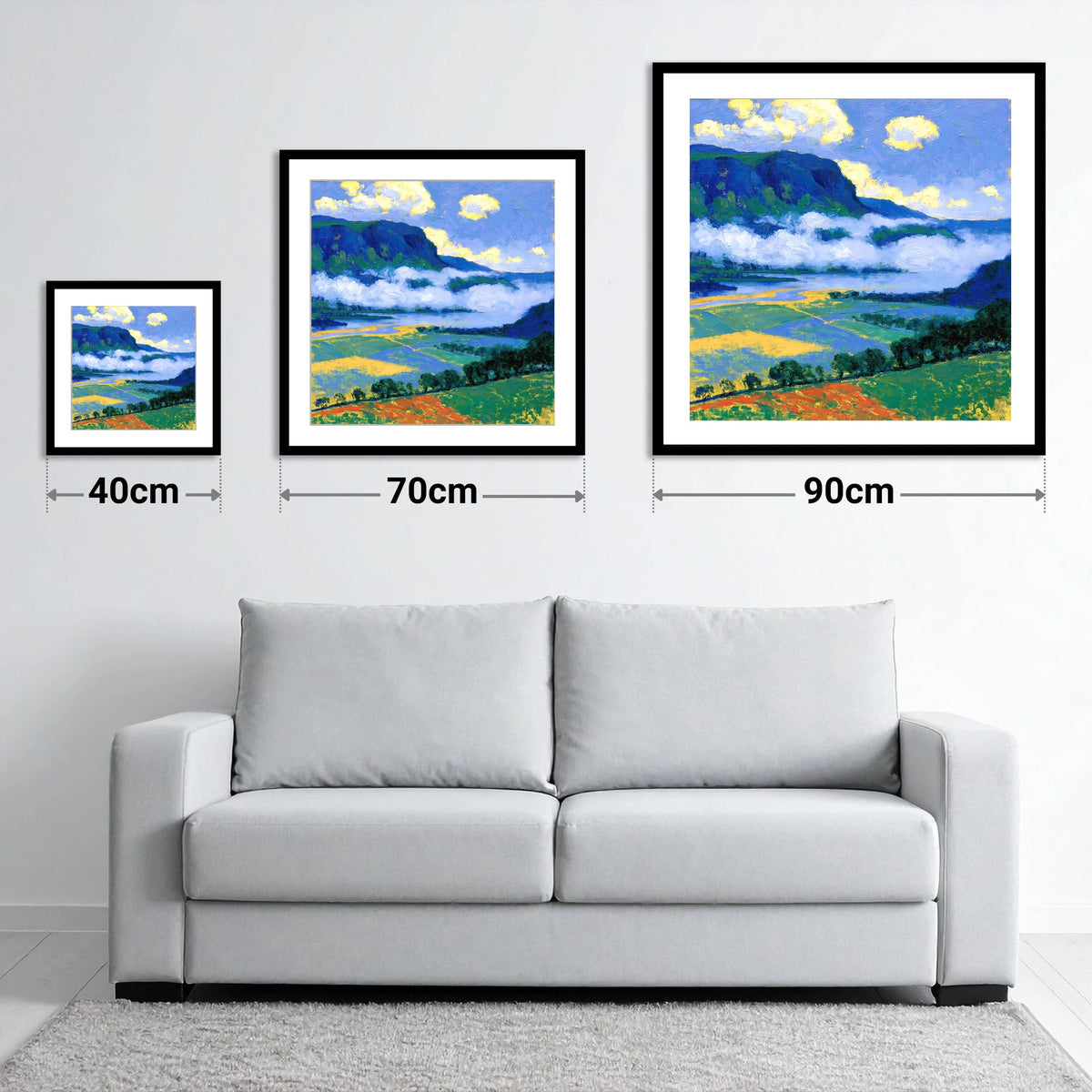 Blue Fells And Valley Mist - size guide showing 40cm, 70cm and 90cm art prints