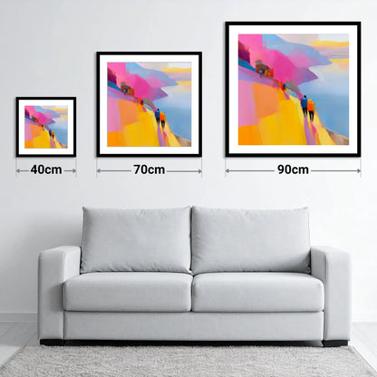 Bright Lakeside Mountain Path - size guide showing 40cm, 70cm and 90cm art prints