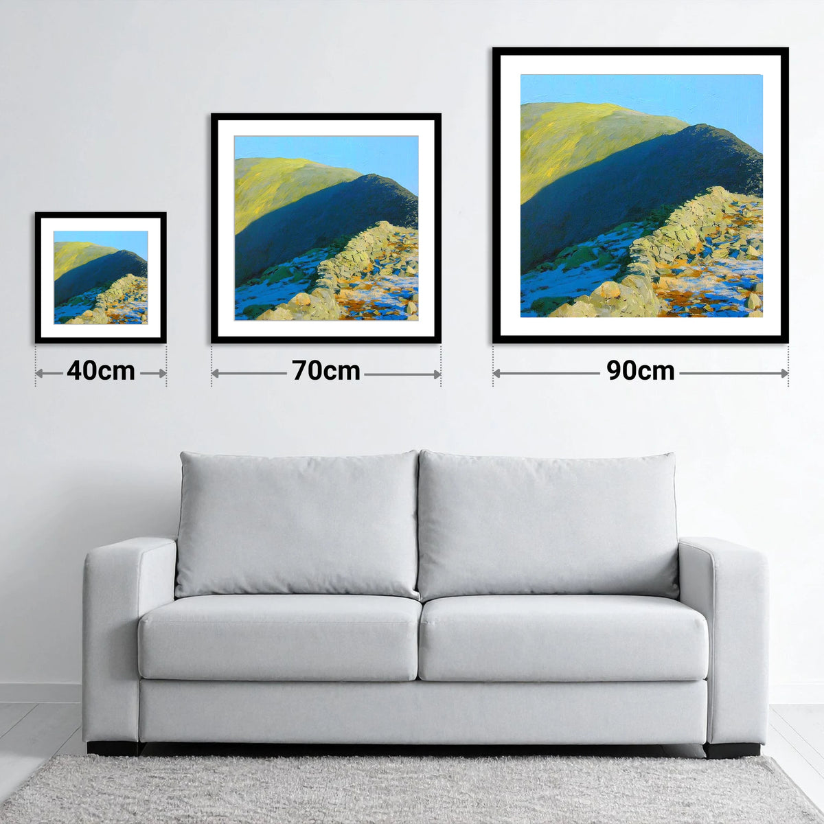 Sunlight and Shadow on Hart Crag - size guide showing 40cm, 70cm and 90cm art prints