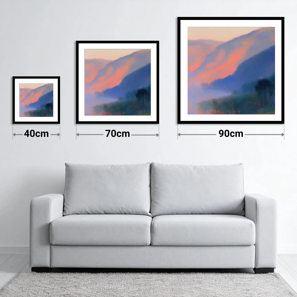 Pink Dawn Over Valley Mist - size guide showing 40cm, 70cm and 90cm art prints