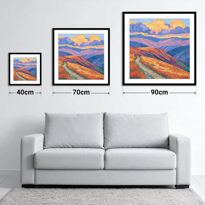 Colourful Rolling Fells Under Cloud - size guide showing 40cm, 70cm and 90cm art prints