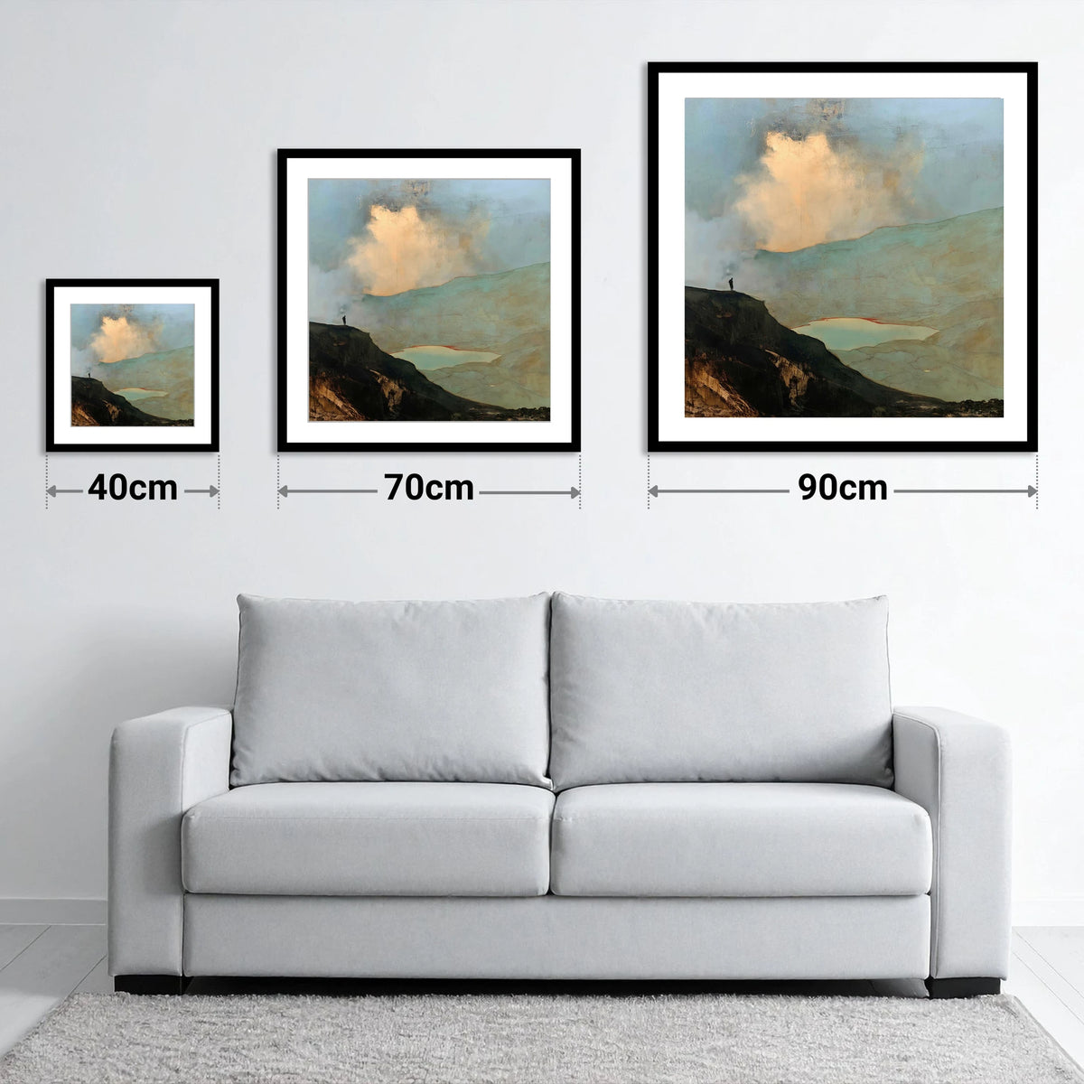Golden Cloud Break Above Helvellyn - size guide showing 40cm, 70cm and 90cm art prints
