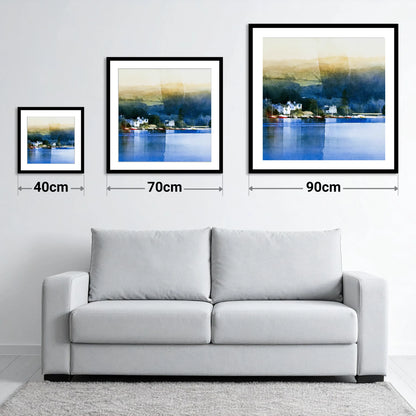 Bowness Bay in Deep Indigo - size guide showing 40cm, 70cm and 90cm art prints