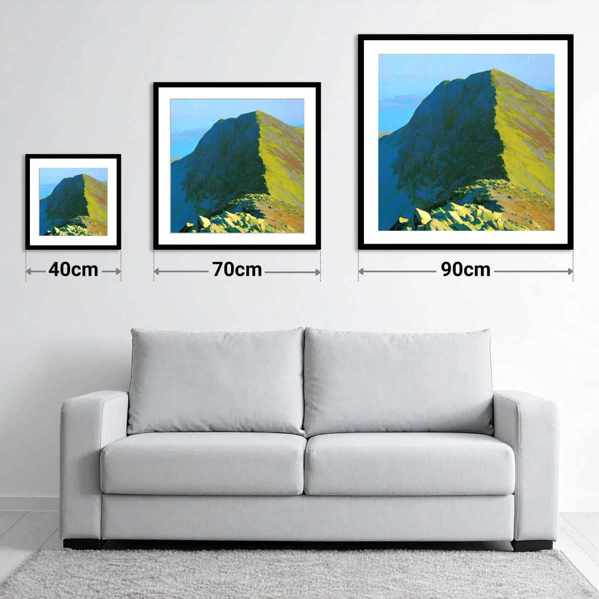 Sunlit Red Pike Summit Ridge - size guide showing 40cm, 70cm and 90cm art prints