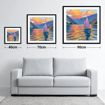 Sailing the Lake at Golden Hour - size guide showing 40cm, 70cm and 90cm art prints