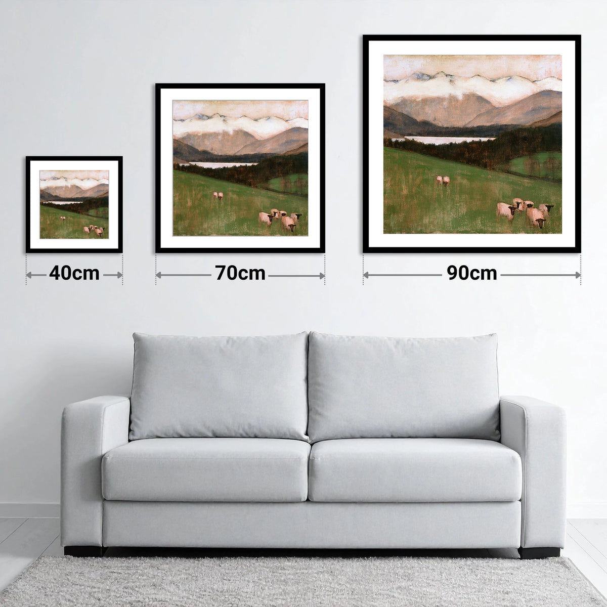 Hawkshead Pasture in Warm Light - size guide showing 40cm, 70cm and 90cm art prints