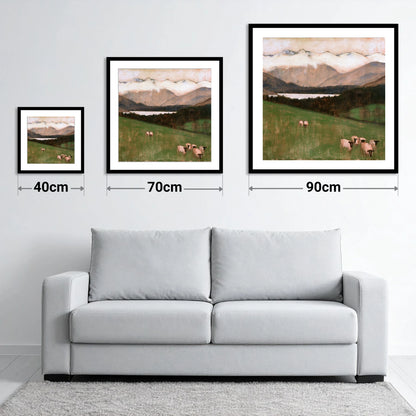 Hawkshead Pasture in Warm Light - size guide showing 40cm, 70cm and 90cm art prints