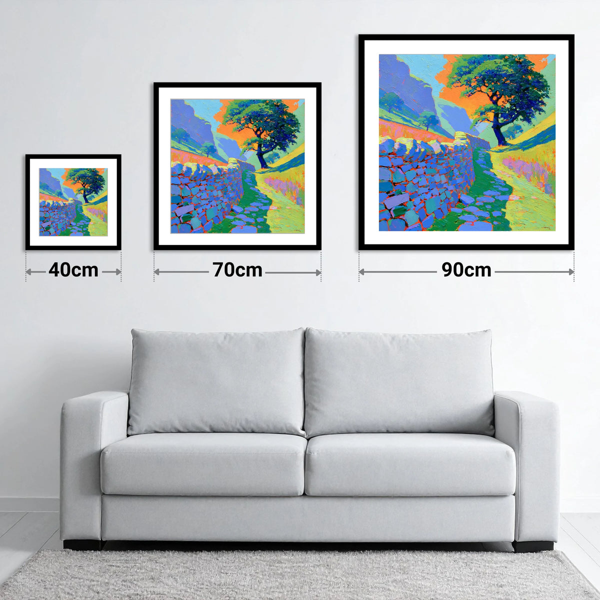 Vibrant Valley Drystone Wall Path - size guide showing 40cm, 70cm and 90cm art prints