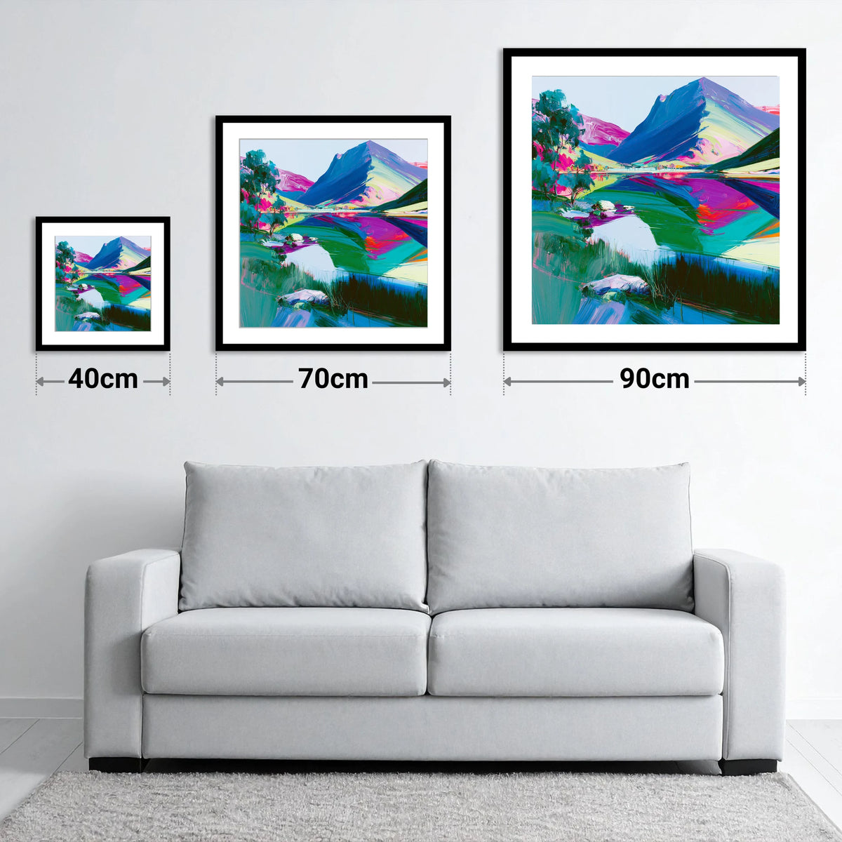 Vivid Lake District Mountain Reflection - size guide showing 40cm, 70cm and 90cm art prints