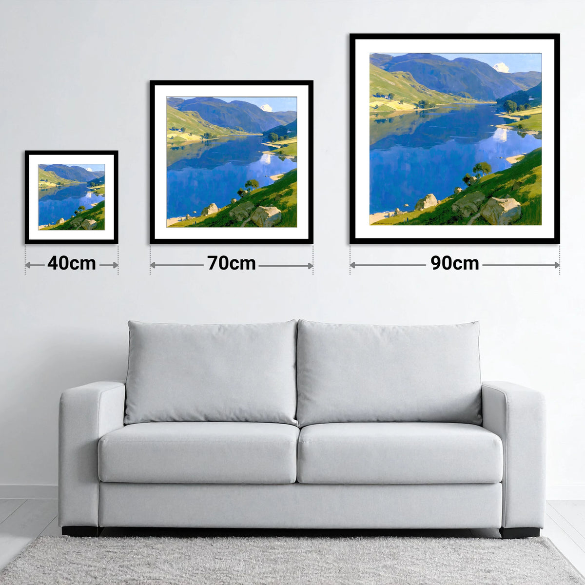 Blue Lake and Sunlit Fells - size guide showing 40cm, 70cm and 90cm art prints