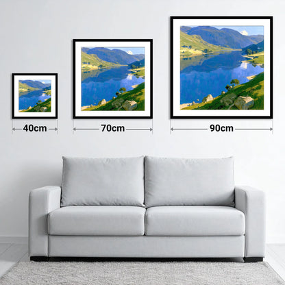 Blue Lake and Sunlit Fells - size guide showing 40cm, 70cm and 90cm art prints