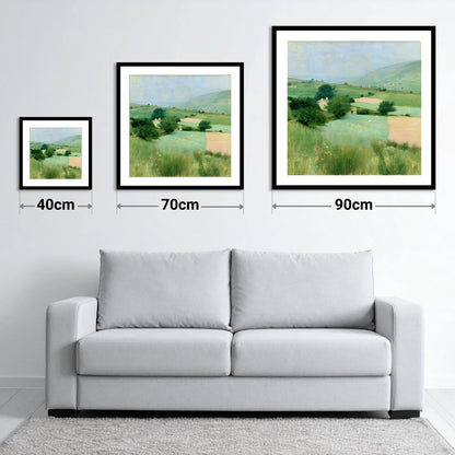 Patchwork Pastures in a Lakeland Dale - size guide showing 40cm, 70cm and 90cm art prints