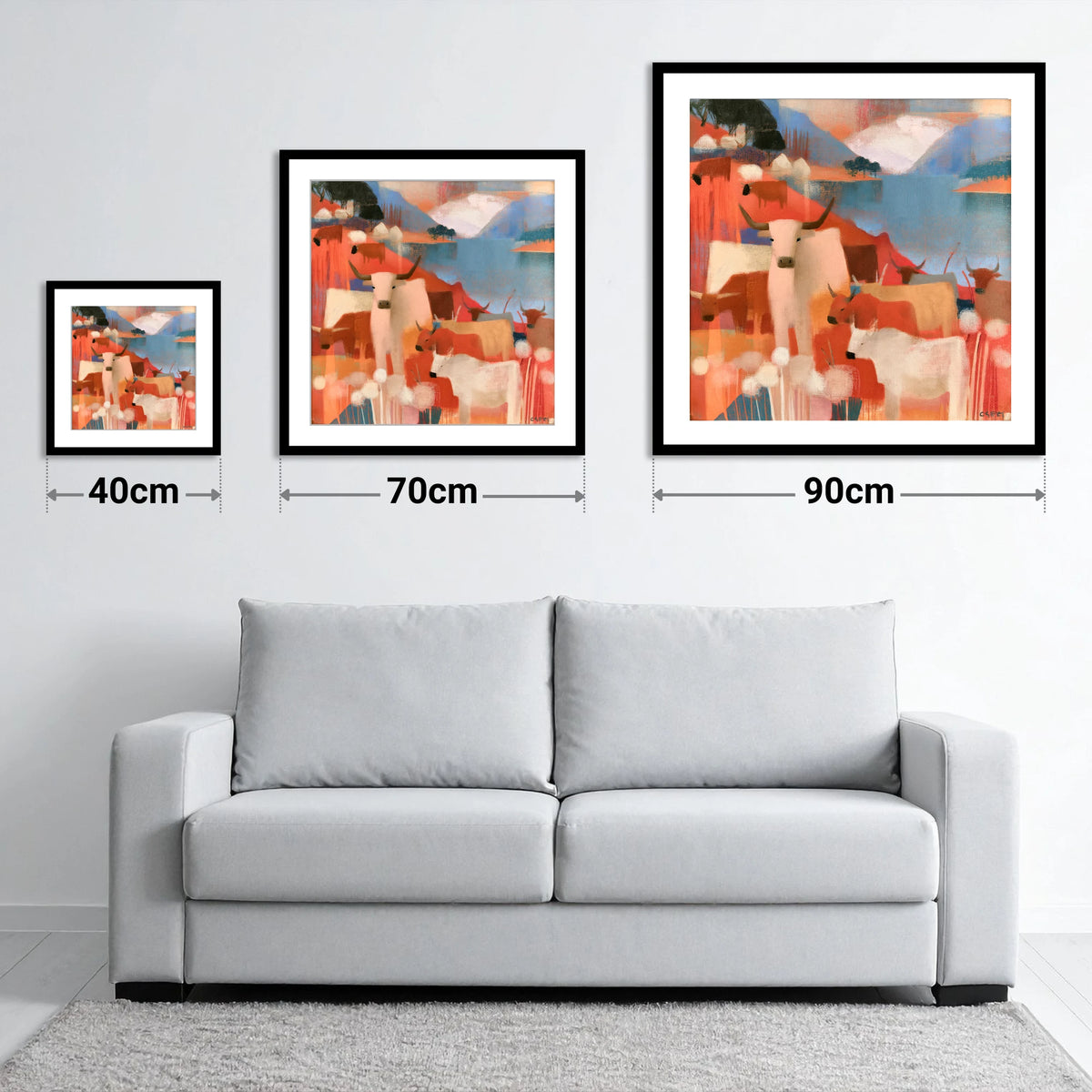 Coral Fells and Highland Cattle - size guide showing 40cm, 70cm and 90cm art prints
