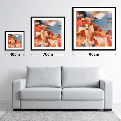 Coral Fells and Highland Cattle - size guide showing 40cm, 70cm and 90cm art prints