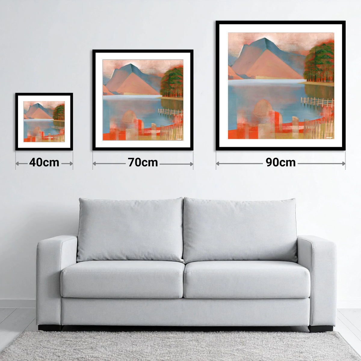 Buttermere in Warm Terracotta - size guide showing 40cm, 70cm and 90cm art prints