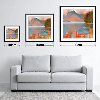 Buttermere in Warm Terracotta - size guide showing 40cm, 70cm and 90cm art prints