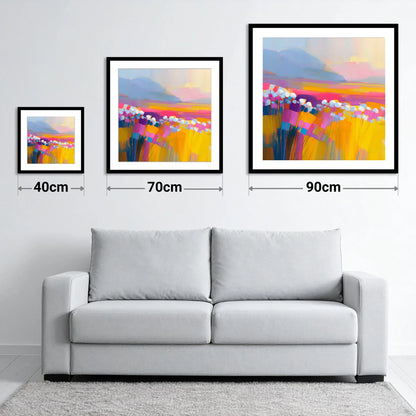 Vibrant Bog Cotton Moorland - size guide showing 40cm, 70cm and 90cm art prints
