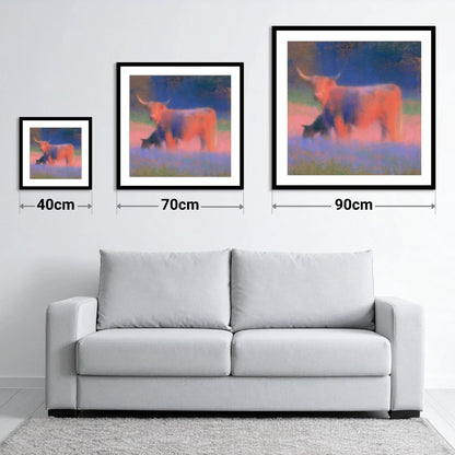 Highland Cattle in Twilight Haze - size guide showing 40cm, 70cm and 90cm art prints