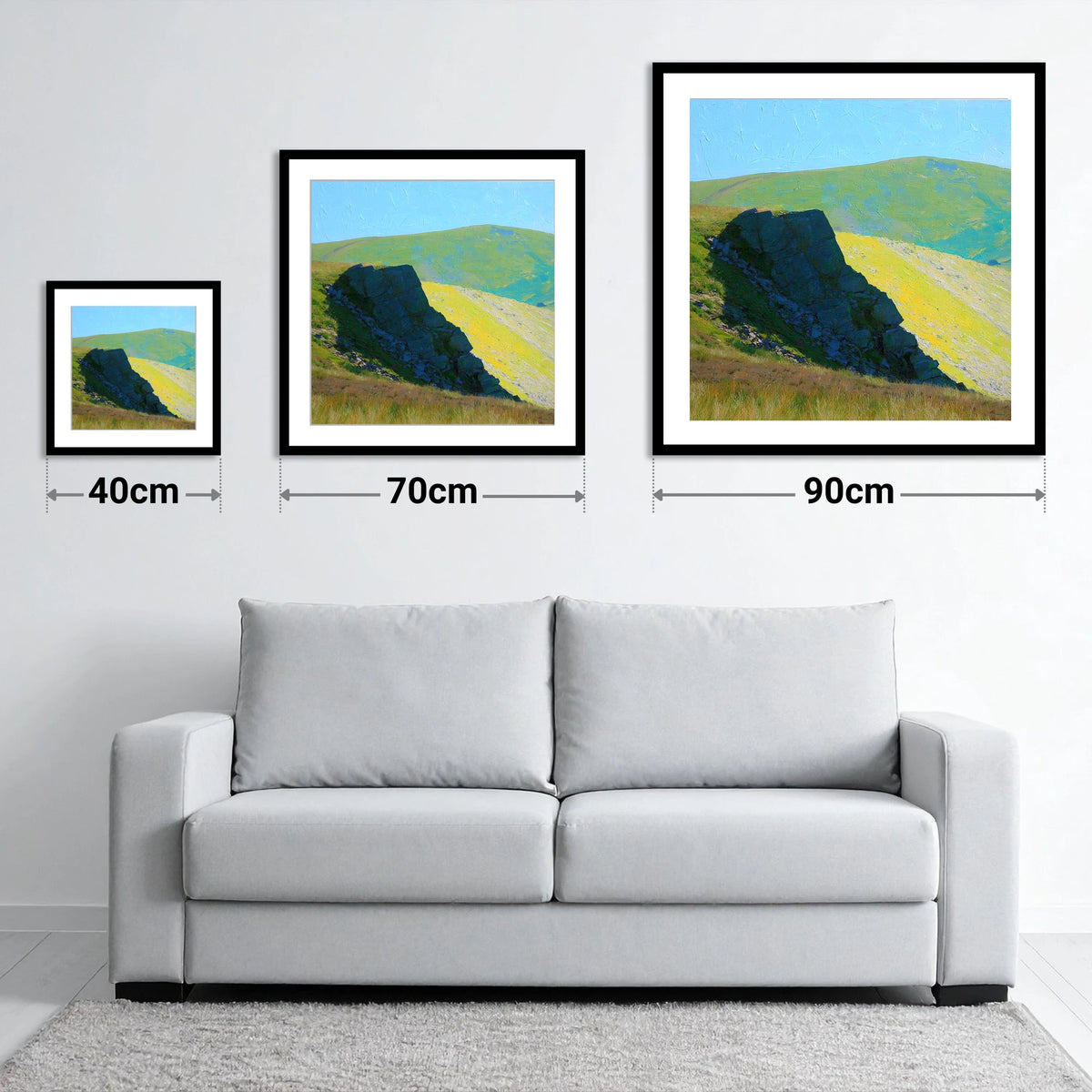 Vibrant Crag on Armboth Fell - size guide showing 40cm, 70cm and 90cm art prints