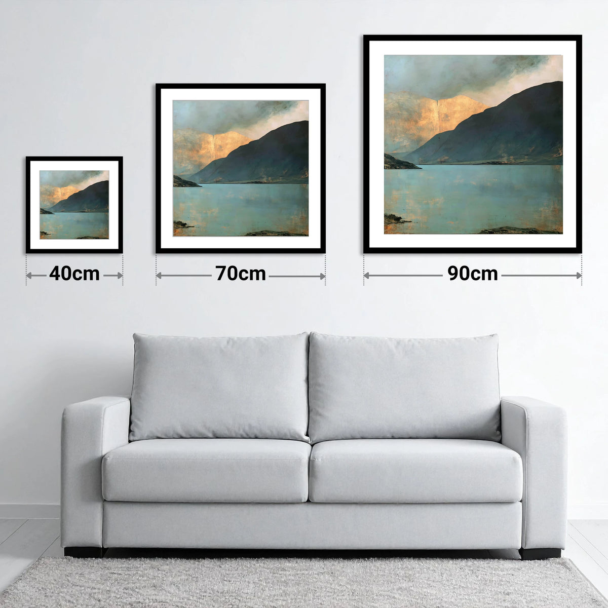 Golden Light On Wastwater Screes - size guide showing 40cm, 70cm and 90cm art prints