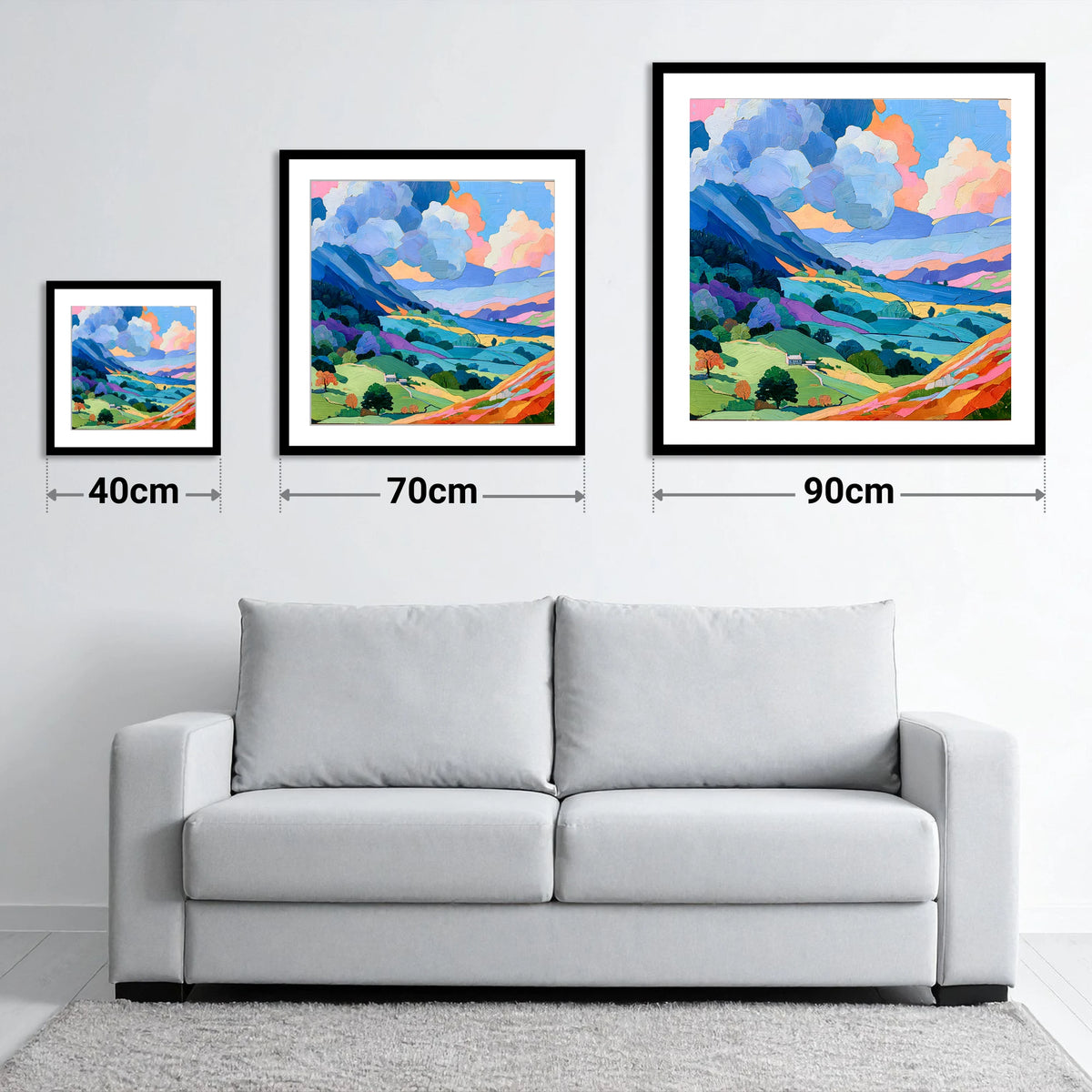 Colourful Fells Under Billowing Clouds - size guide showing 40cm, 70cm and 90cm art prints