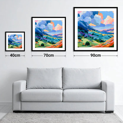 Colourful Fells Under Billowing Clouds - size guide showing 40cm, 70cm and 90cm art prints