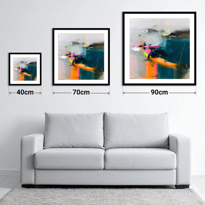 Vibrant Kayaks on Teal Water - size guide showing 40cm, 70cm and 90cm art prints