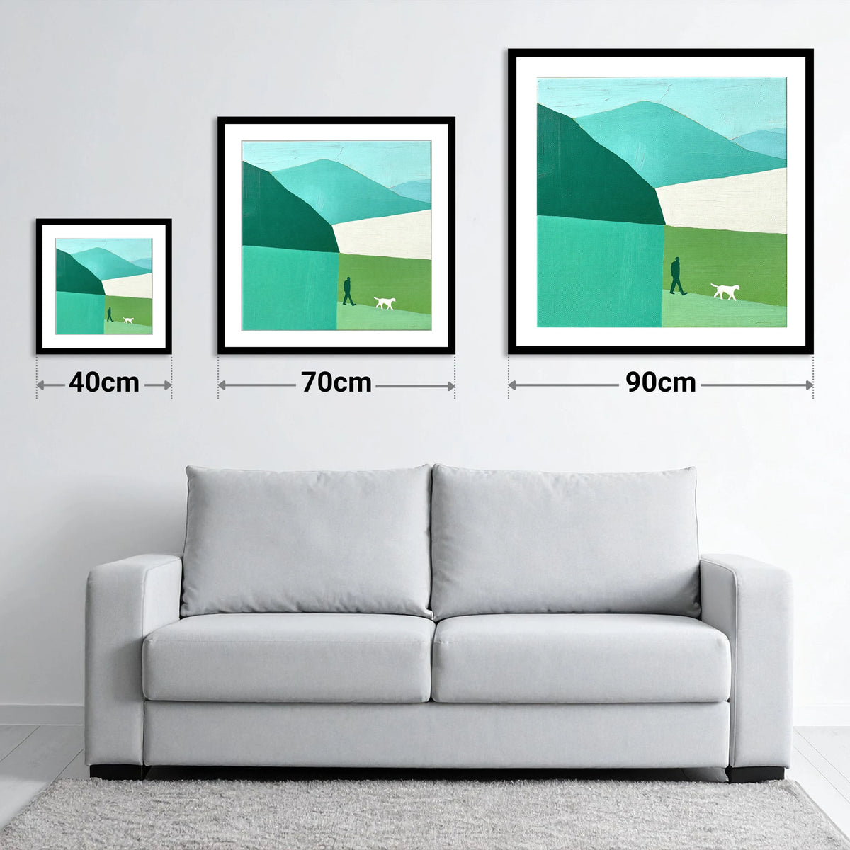 Braithwaite Dog Walker in Teal - size guide showing 40cm, 70cm and 90cm art prints