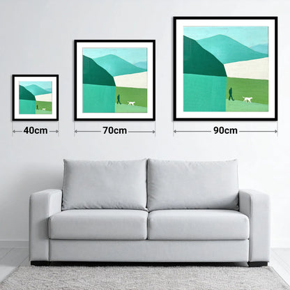 Braithwaite Dog Walker in Teal - size guide showing 40cm, 70cm and 90cm art prints