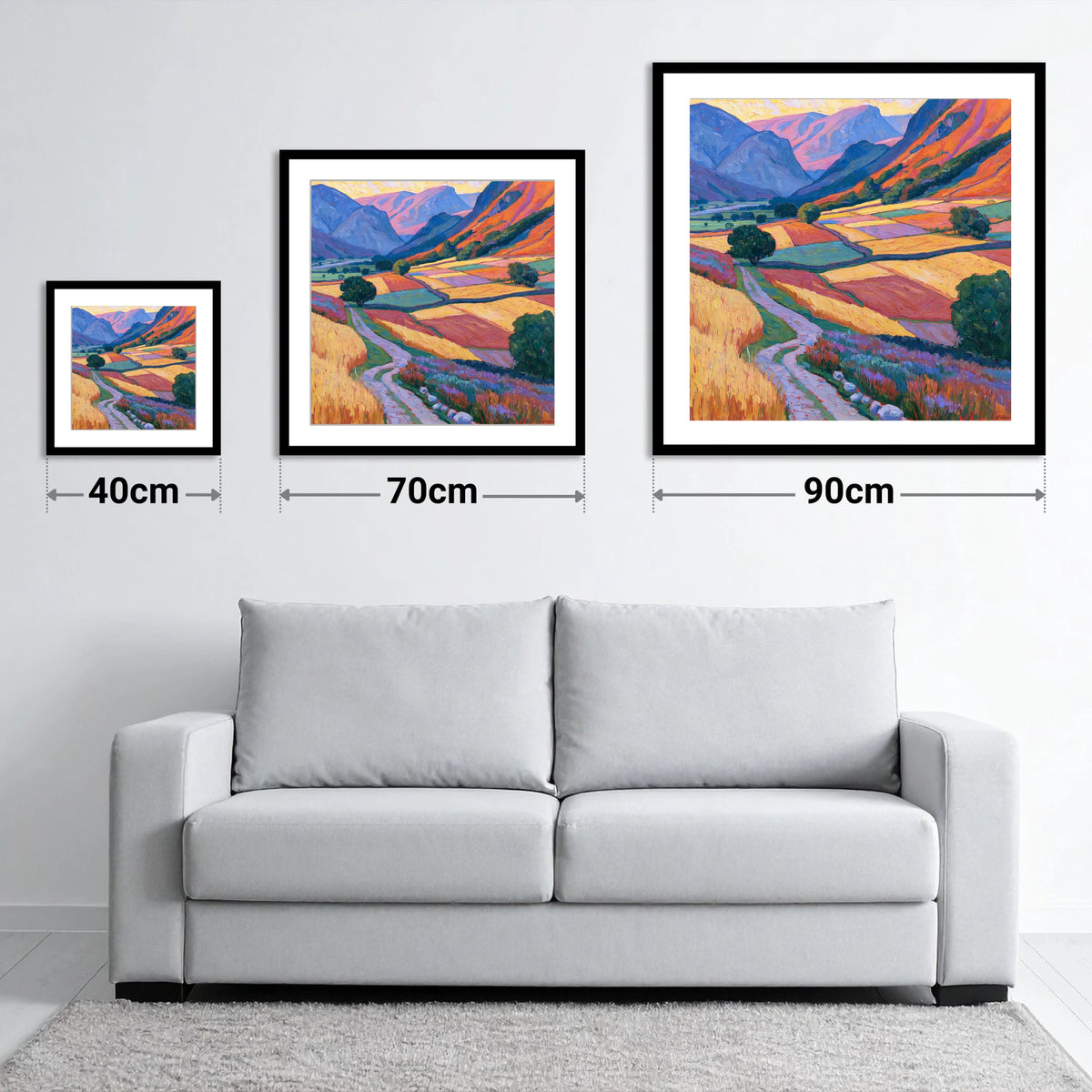 Vivid Patchwork Fields in the Dale - size guide showing 40cm, 70cm and 90cm art prints