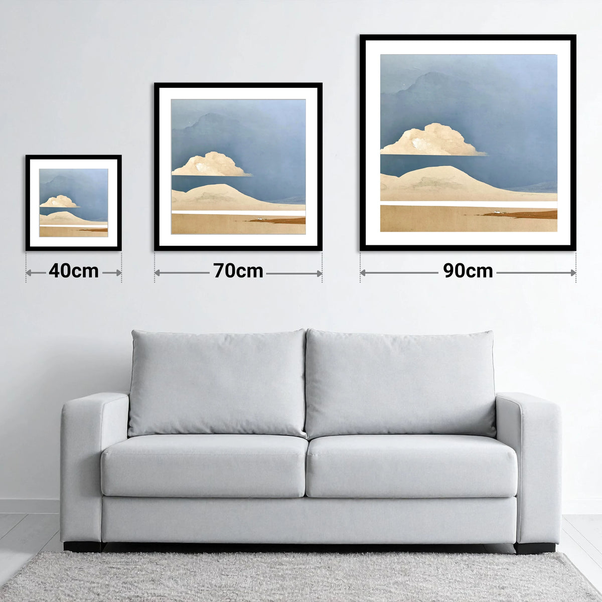 Isolated Farmhouse Beneath Blue Fells - size guide showing 40cm, 70cm and 90cm art prints