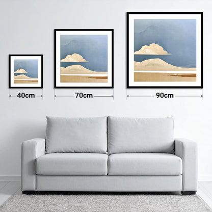 Isolated Farmhouse Beneath Blue Fells - size guide showing 40cm, 70cm and 90cm art prints