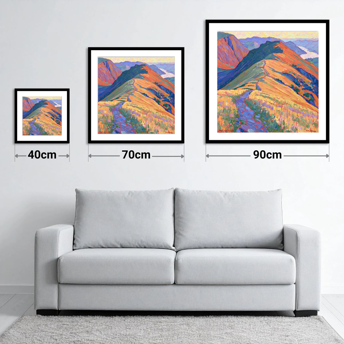 Vibrant Path on Beda Fell - size guide showing 40cm, 70cm and 90cm art prints