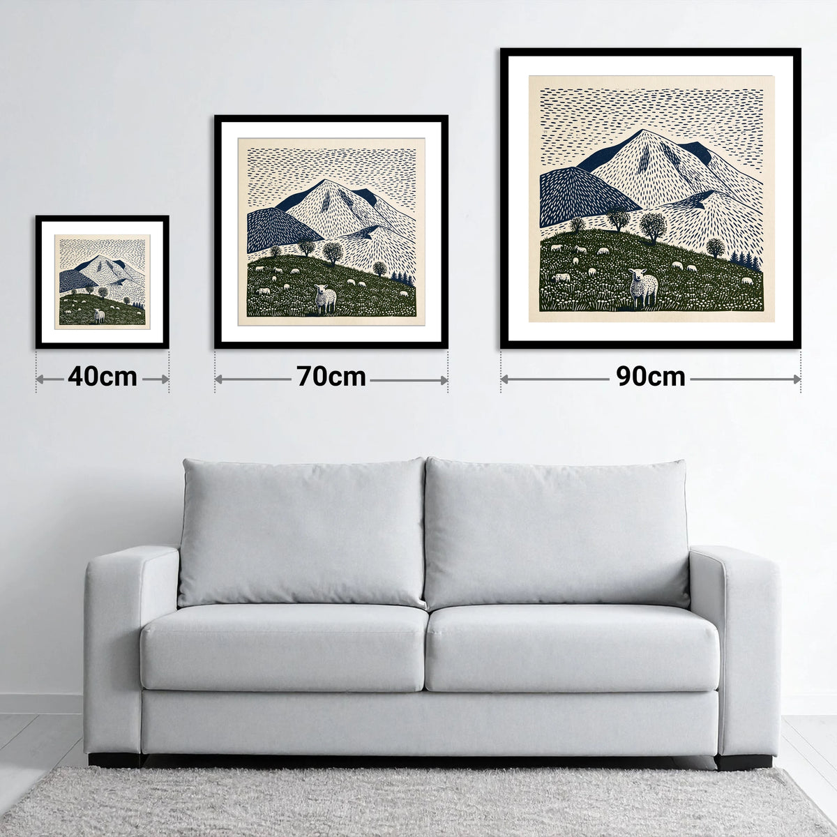 Skiddaw with Grazing Flock - size guide showing 40cm, 70cm and 90cm art prints