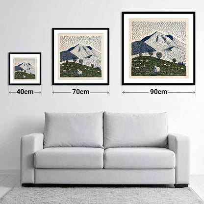 Skiddaw with Grazing Flock - size guide showing 40cm, 70cm and 90cm art prints