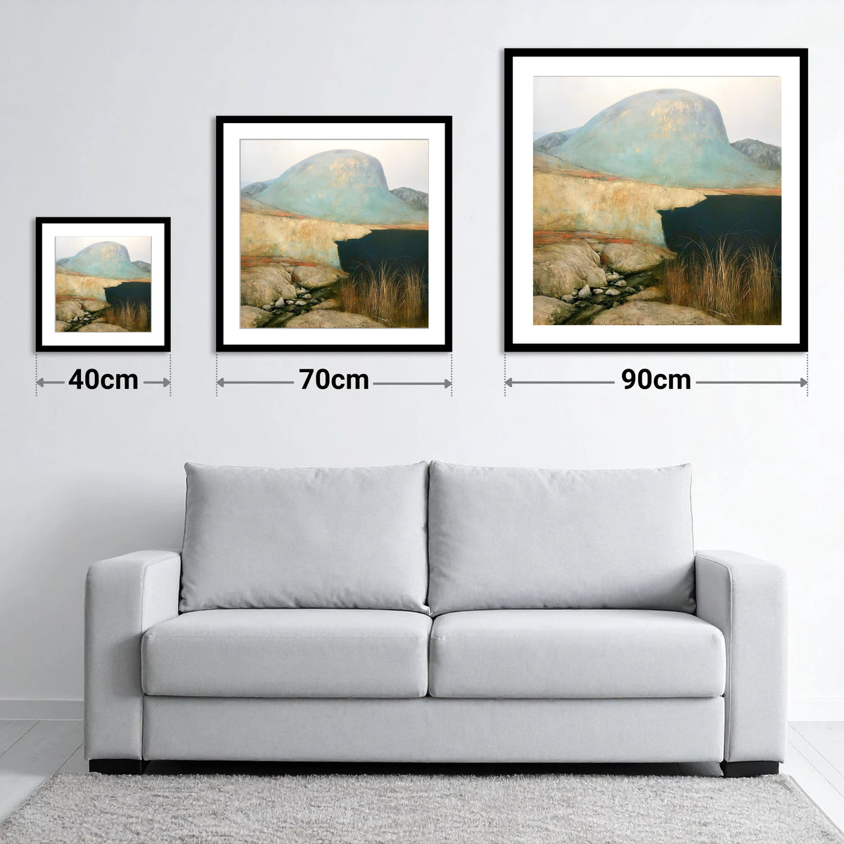 Dark Waters of Styhead Tarn - size guide showing 40cm, 70cm and 90cm art prints