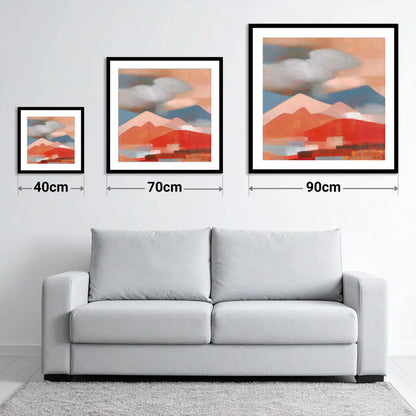 Terracotta Fells Beneath Storm Clouds - size guide showing 40cm, 70cm and 90cm art prints