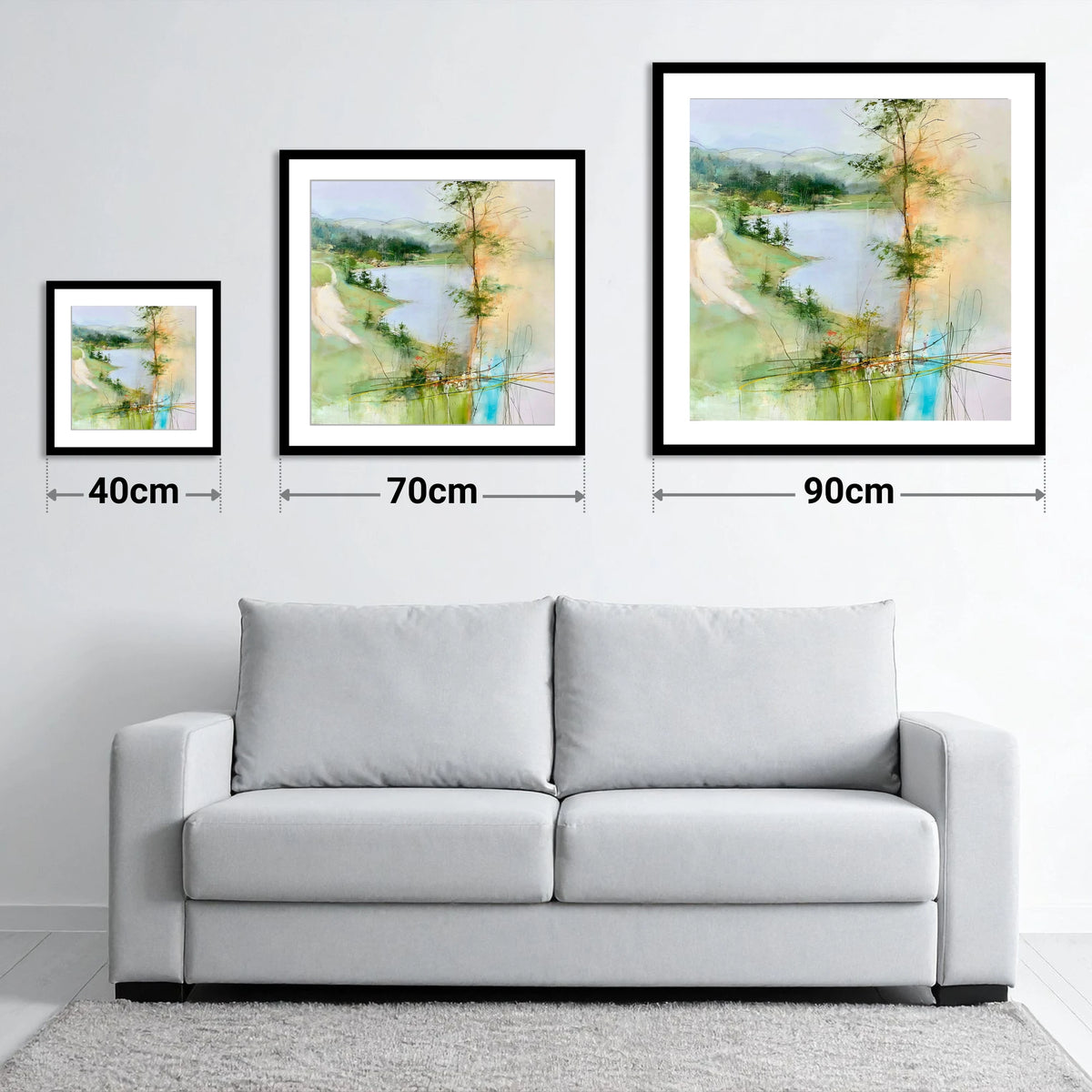 Tarn Hows in Spring Greens - size guide showing 40cm, 70cm and 90cm art prints