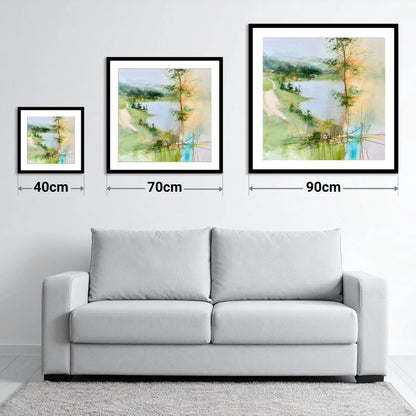 Tarn Hows in Spring Greens - size guide showing 40cm, 70cm and 90cm art prints