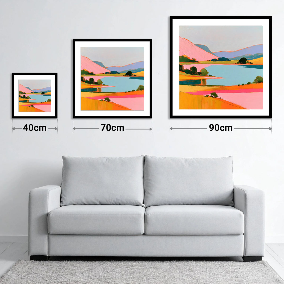 Pink Fells Over Teal Lake - size guide showing 40cm, 70cm and 90cm art prints