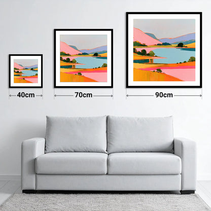 Pink Fells Over Teal Lake - size guide showing 40cm, 70cm and 90cm art prints