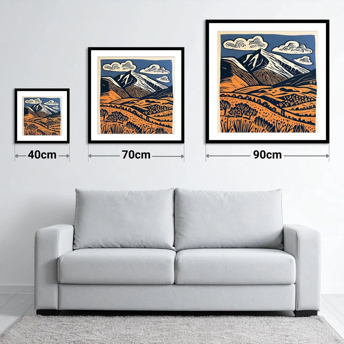Skiddaw in Terracotta and Navy - size guide showing 40cm, 70cm and 90cm art prints