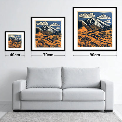 Skiddaw in Terracotta and Navy - size guide showing 40cm, 70cm and 90cm art prints