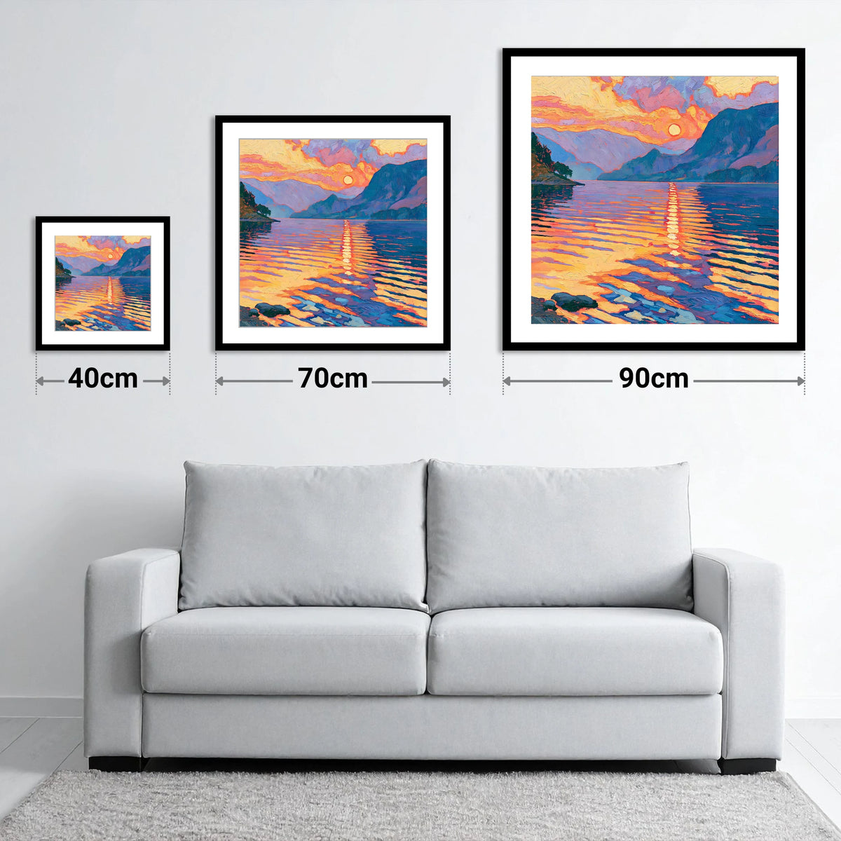 Golden Sunset Reflected on the Lake - size guide showing 40cm, 70cm and 90cm art prints