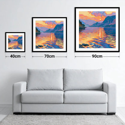 Golden Sunset Reflected on the Lake - size guide showing 40cm, 70cm and 90cm art prints