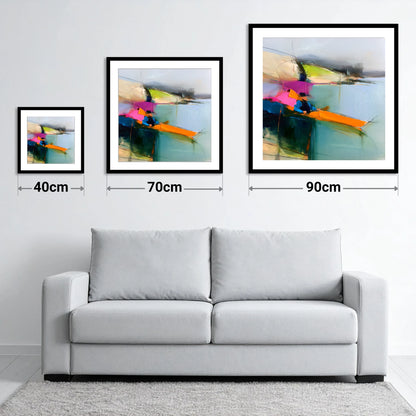 Vibrant Orange Kayak on the Lake - size guide showing 40cm, 70cm and 90cm art prints