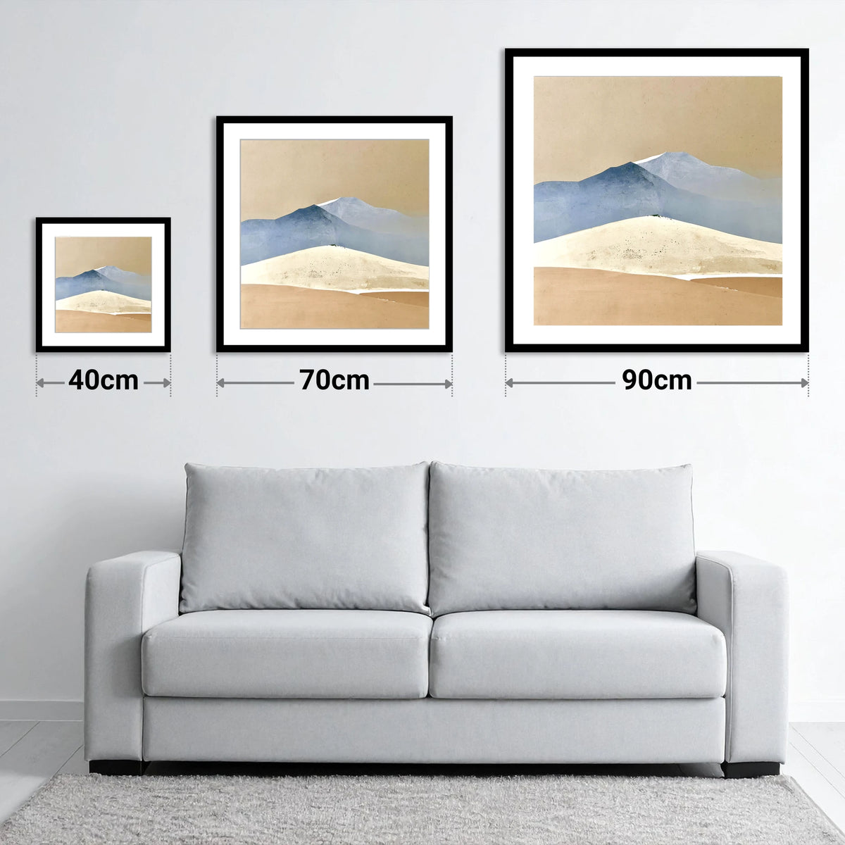 Slate Peaks and Ochre Fells - size guide showing 40cm, 70cm and 90cm art prints